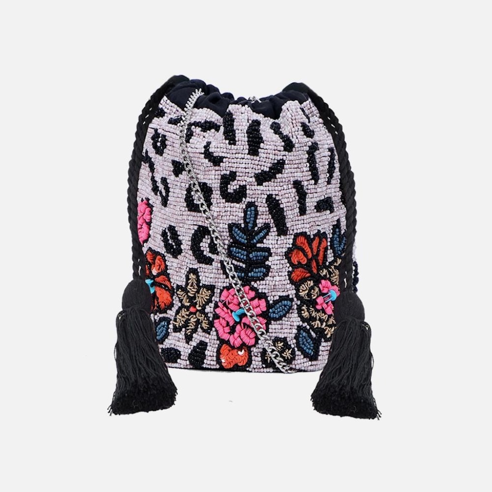 Beaded embroidered bucket bag